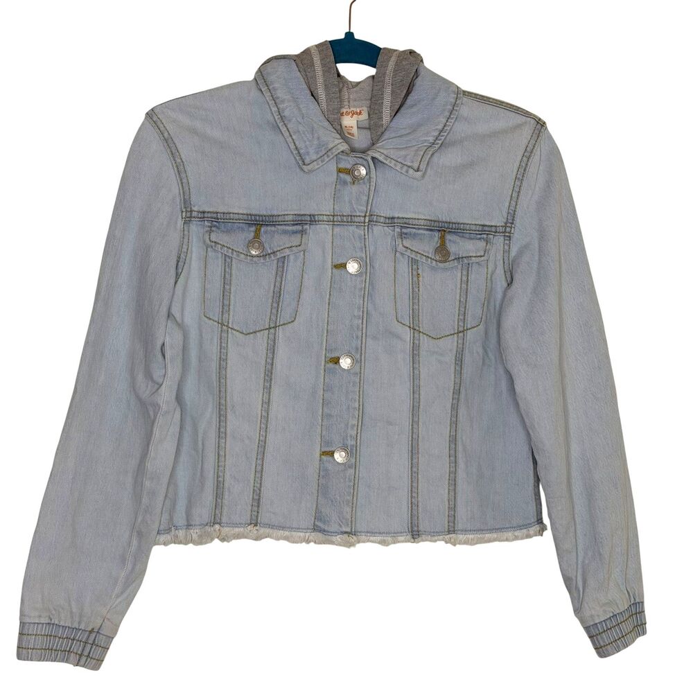 Cat & Jack Denim Jean Jacket Hooded Raw Hem Snap Front Girl Light Blue XL 14